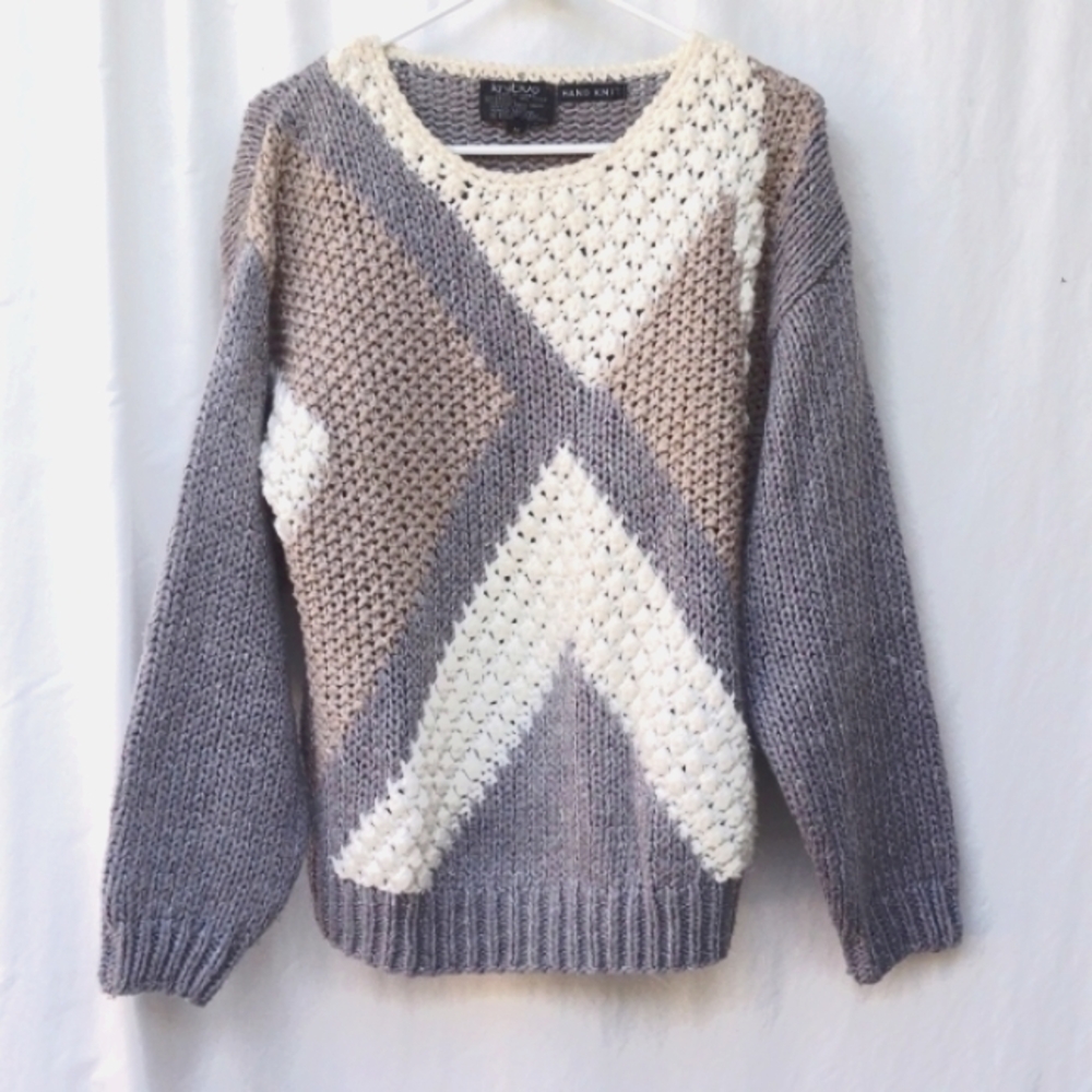 Vintage Hand Knit Bold Gray Colorblock Sweater M